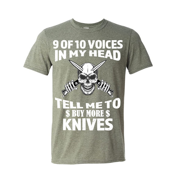 9 of 10 Voices in My Head Tell Me To Buy More Knives Heather Green Short Sleeve AK T-Shirt L
