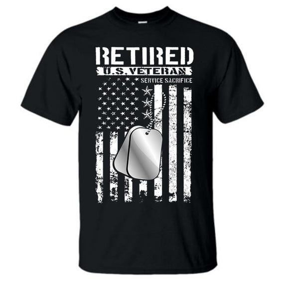 Retired US Veteran Service & Sacrifice American Flag Black Short Sleeve AK T-Shirt L
