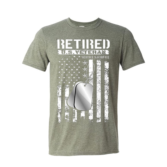 Retired US Veteran Service & Sacrifice American Flag Heather Green Short Sleeve AK T-Shirt 2X