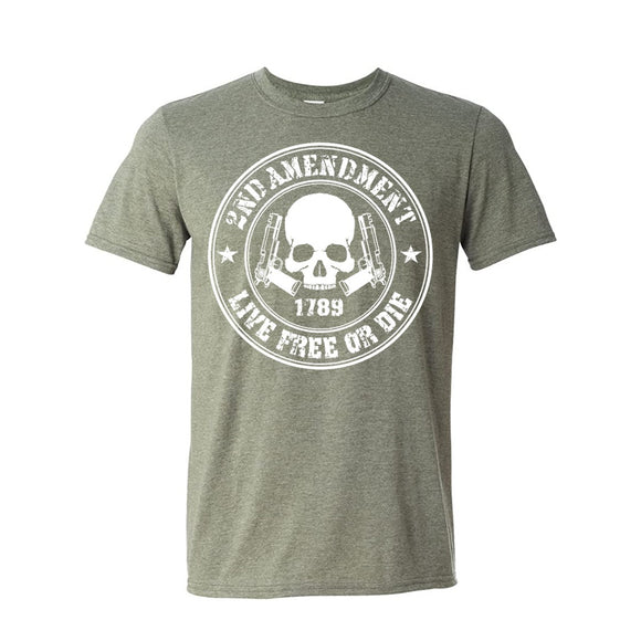 Live Free or Die 2nd Amendment Skull & Guns Heather Green Short Sleeve AK T-Shirt XL
