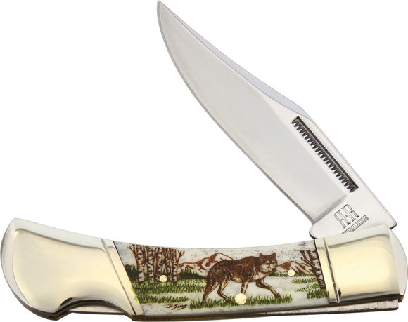 Alaska Scrimshaw Connection Wolf Lockback Folding Pocket Knife asc2
