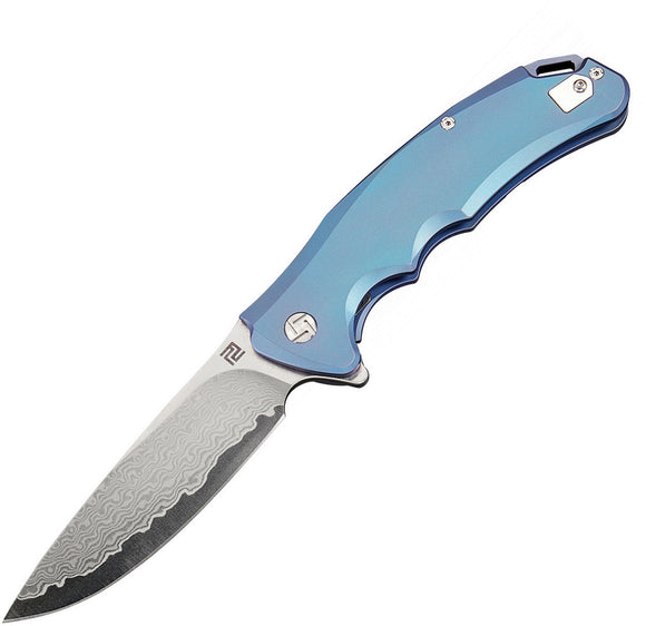 Artisan Cutlery Tradition Framelock Blue Titanium Damascus Steel Knife 1702GDBU