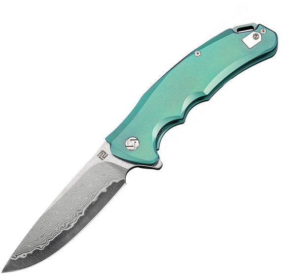 Artisan Cutlery Tradition Framelock Green Titanium Damascus Steel Knife 1702GDGN