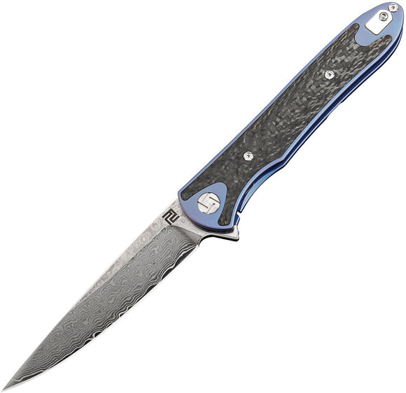 Artisan Cutlery Shark Framelock CF Blue Titanium Damascus Steel Knife 1707GDBU