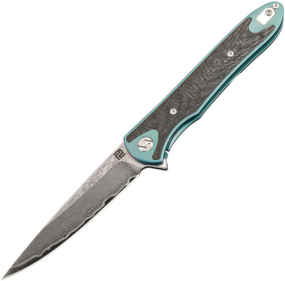Artisan Cutlery Shark Framelock Green Titanium Damascus Steel Knife 1707GDGN