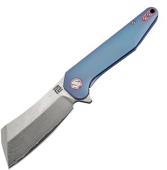 Artisan Cutlery Osprey Framelock Damascus Steel Blue Titanium Knife 1803GDBU