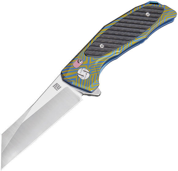Artisan Falcon Framelock Blue/Gold Green Pattern Handle Folding Knife 1809GBU03