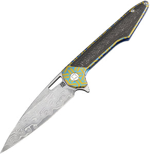 Artisan Archaeo Framelock Blue/Gold Titanium Folding Damascus Knife 1821GDBU02