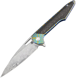 Artisan Archaeo Framelock Blue/Gold Titanium Folding Damascus Knife 1821GDBU03