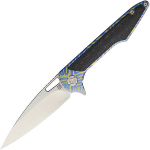 Artisan Small Archaeo Framelock Blue/Gold Titanium Folding M390 Knife 1821GSBU03