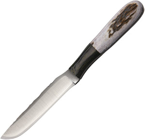 Anza 7.25" Elk Stag Handle Black Micarta Bolster Fixed Knife w/ Belt Sheath 108E