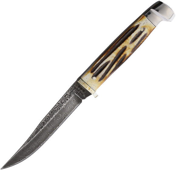 Bear & Son Stag Bone Damascus Clip Point Fixed Blade Knife w/ Belt Sheath 563D