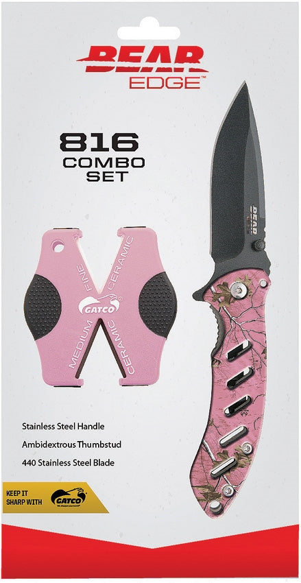 Bear Edge 816 2pc Pink ABS Folding 440 Stainless Knife Sharpener Combo Set 71816
