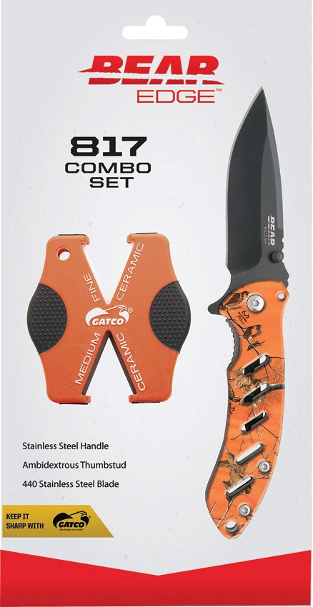 Bear Edge 817 2pc Orange ABS Folding Stainless Knife Sharpener Combo Set 71817