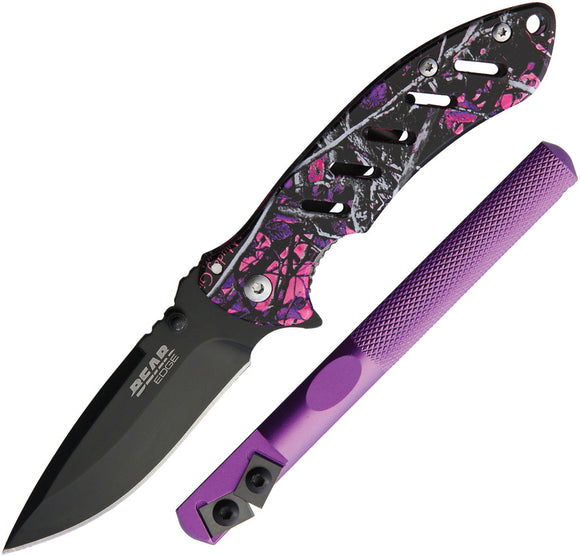 Bear Edge 2pc Purple Framelock Pocket Knife Edgemate Sharpener Combo Set 71823