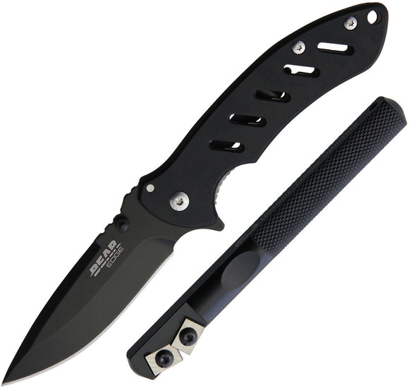 Bear Edge 2pc Black Framelock Pocket Knife Edgemate Sharpener Combo Set 71825