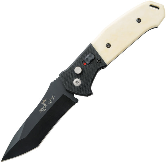 Bear & Son Automatic Bold Action V Knife Button Lock Black & White G10 14C28N Sandvik Blade AC500WSB6B