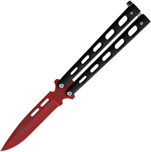 Bear & Son Balisong Black Zinc  Red Spiderweb Design 1095HC Steel Butterfly Knife W115B
