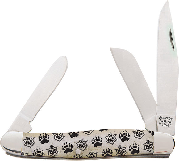 Bear & Son Stockman White Bone 440 Bear Paw Logo Folding Knife wbjb47