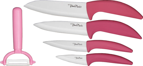 Benchmark 5pc Pink & White Ceramic Utility Paring Fixed Kitchen Knife Set 040