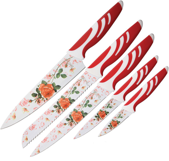Benchmark 5pc Red Rose Fixed Blade Bread Paring Utitlity Kitchen Set 080