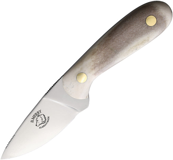 B Merry Hunter Caribou Antler AUS-8 Stainless Fixed Blade Knife w/ Sheath RH1CA