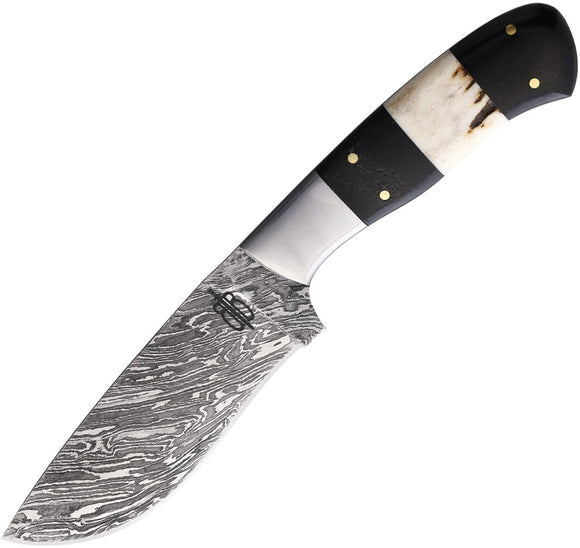 BucknBear Cowboy Hunter Horn & Stag Damascus Fixed Blade Knife w/ Sheath 15246