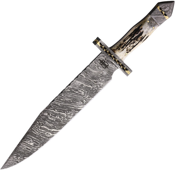 BucknBear Big Game Texas Bowie Stag Damascus Fixed Blade Knife w/ Sheath 16305