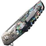 BucknBear Linerlock Pocket Knife Abalone Folding Damascus Blade w/ Sheath 1991A
