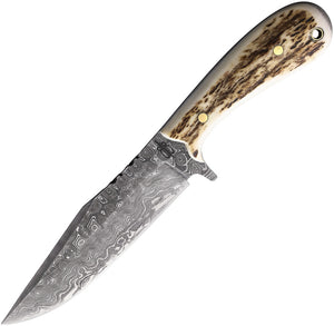 BucknBear Stag Hunter Fixed Blade Knife Tan Stag Damascus Drop Point 24097