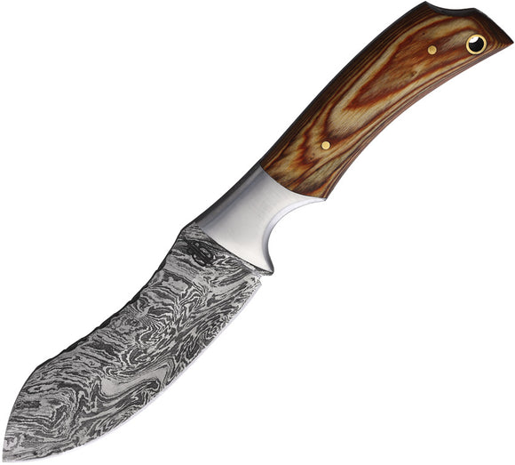 BucknBear Recurve Hunter Fixed Blade Knife Brown Wood Damascus w/ Sheath 24124