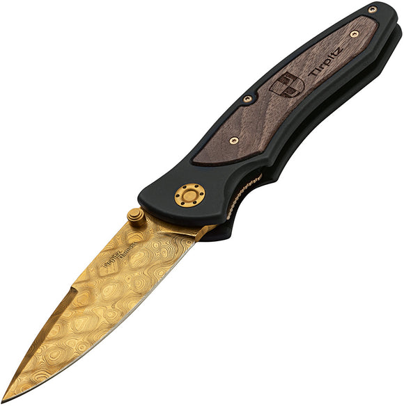 Boker Tirpitz Folding Knife Linerlock Aluminum Damascus Gold Blade 110194DAM