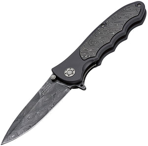 Boker Leopard Folding Knife Linerlock Black Aluminum Damascus Clip Pt 110237DAM