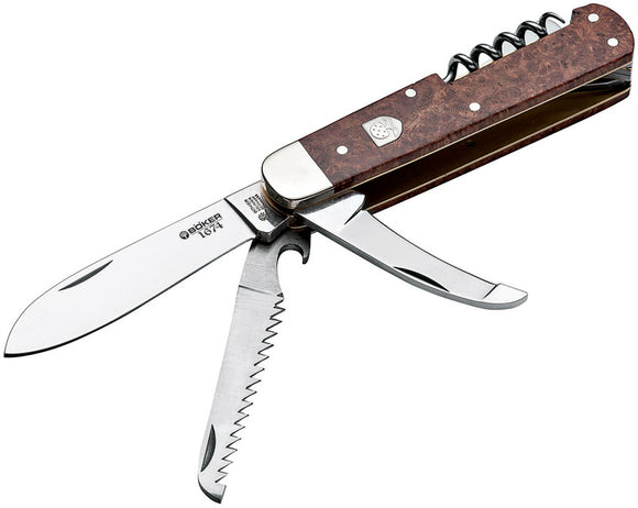 Boker Quadro 1674 Brown Wood Handle Folding Pocket Knife w/ Corkscrew 110545