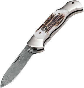 Boker Scout Folding Knife Lockback White Stag Damascus Steel Blade 112201DAM