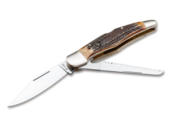 Boker Folding Hunters Duo Double Lockback Stag Handle Knife w/ Pouch 114021S