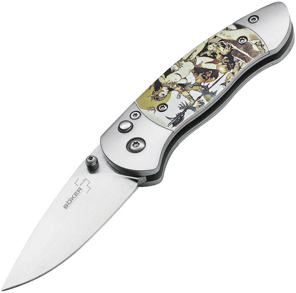 Boker Plus Gordito Button Lock Frazetta 440C Aluminium Folding Knife P01BO650
