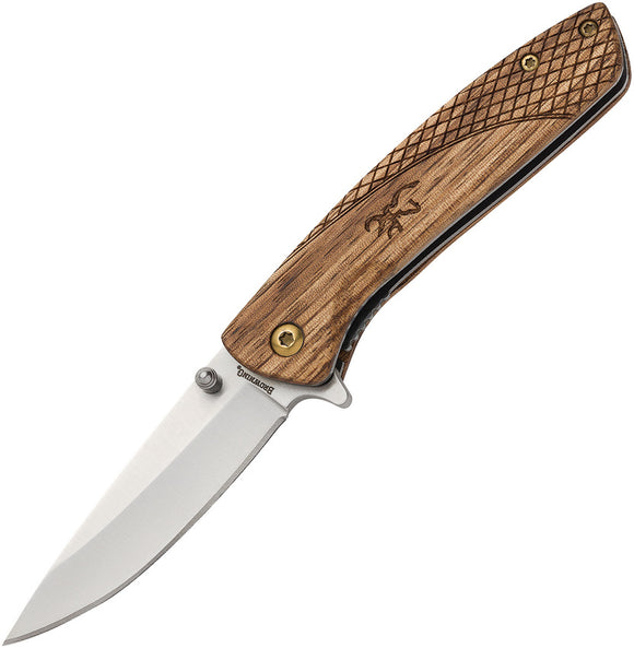 Browning Pursuit Linerlock Zebra Wood Stainless Folding Knife w/ Deer Logo 0007