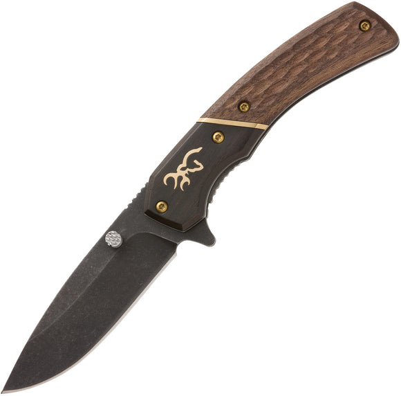 Browning Hunter Linerlock Brown/Black Wood Handle 440C Steel Folding Pocket Knife 0390B