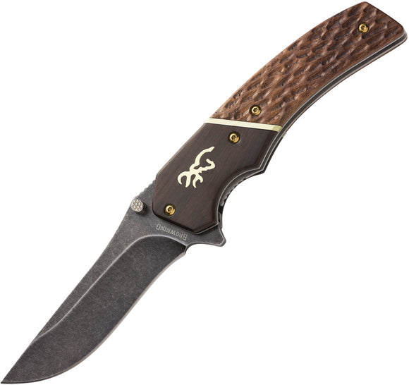 Browning Hunter Series Brown Wood Linerlock Black Stonewashed Folding Knife 0392b