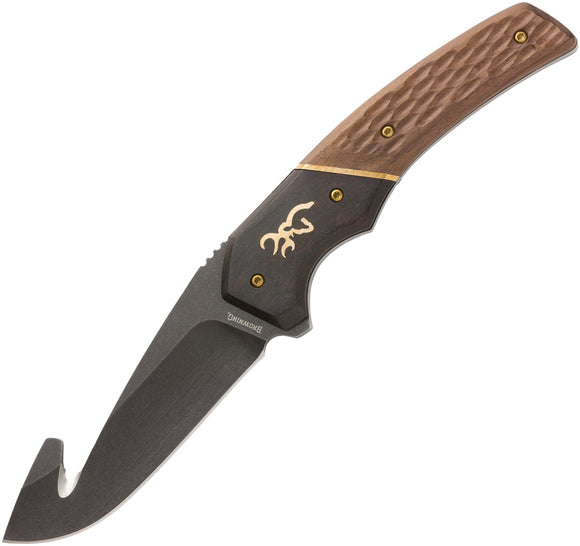 Browning Hunter Brown Wood 440C Stainless Guthook Fixed Blade Knife 0396B