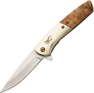 Browning Nine Mile Pocket Knife Framelock Burl Wood Folding Stainless Blade 0470