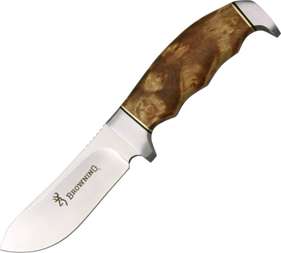 Browning Fixed Blade Skinner Burl Wood Brown Handle Stainless Knife + Sheath 526