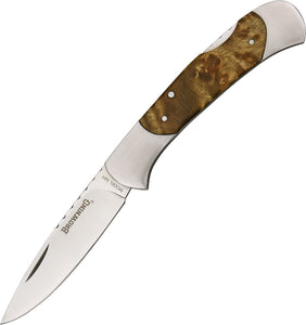 Browning Lockback Stainless Folding Drop Blade Brown Burl Wood Handle Knife 589