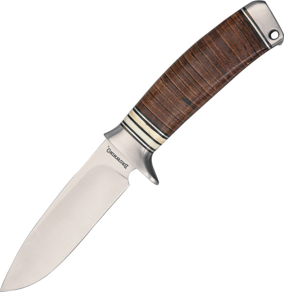 Browning Stacked Brown Leather Handle Stainless Fixed Drop Point Blade Knife 814