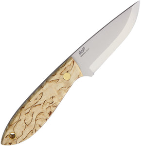 BRISA 6.75" Bobtail 80 Curly Birch Wood Fixed Blade Knife w/ Belt Sheath I9950