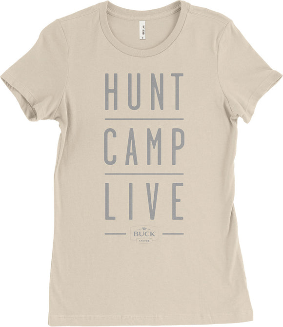 Buck Knives Women's Hunt Camp Live Logo Tan Large Short Sleeve T-Shirt 11601