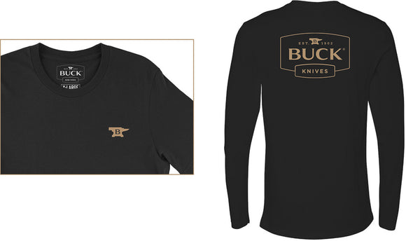 Buck Knives Long Sleeve Cotton T-Shirt Black w/ Tan Buck Logo Large Size BU13208