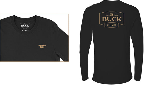 Buck Knives Long Sleeve Cotton T-Shirt Black w/ Tan Buck Logo 2X Size BU13210