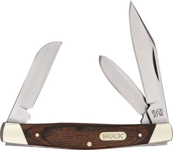 BUCK Knives Stockman Brown Wood Handle Folding Stainless Blades Pocket Knife 371